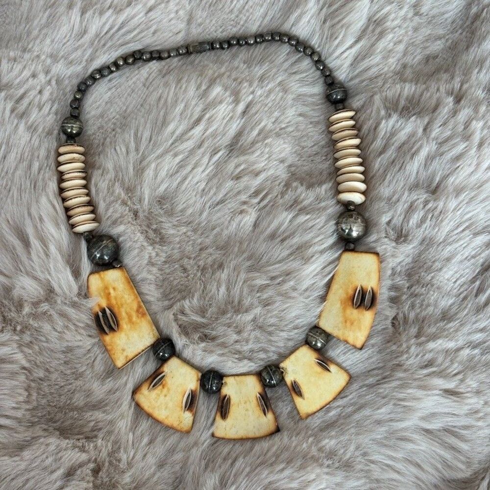 Vintage Carved Tribal Bib Statement Necklace Silver Tone Metal Beads 20"